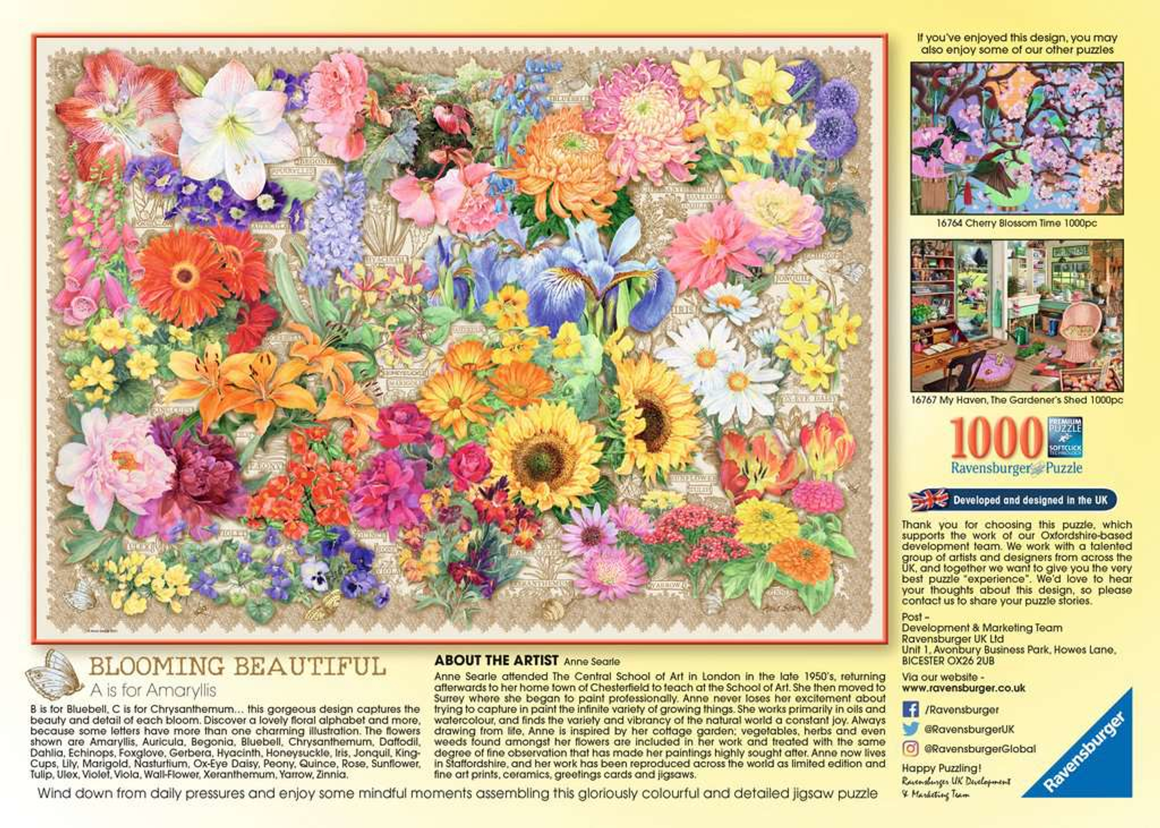 Farbenfrohes Puzzlemotiv mit Text. Enthält verschiedene Blumen und ein Buch.