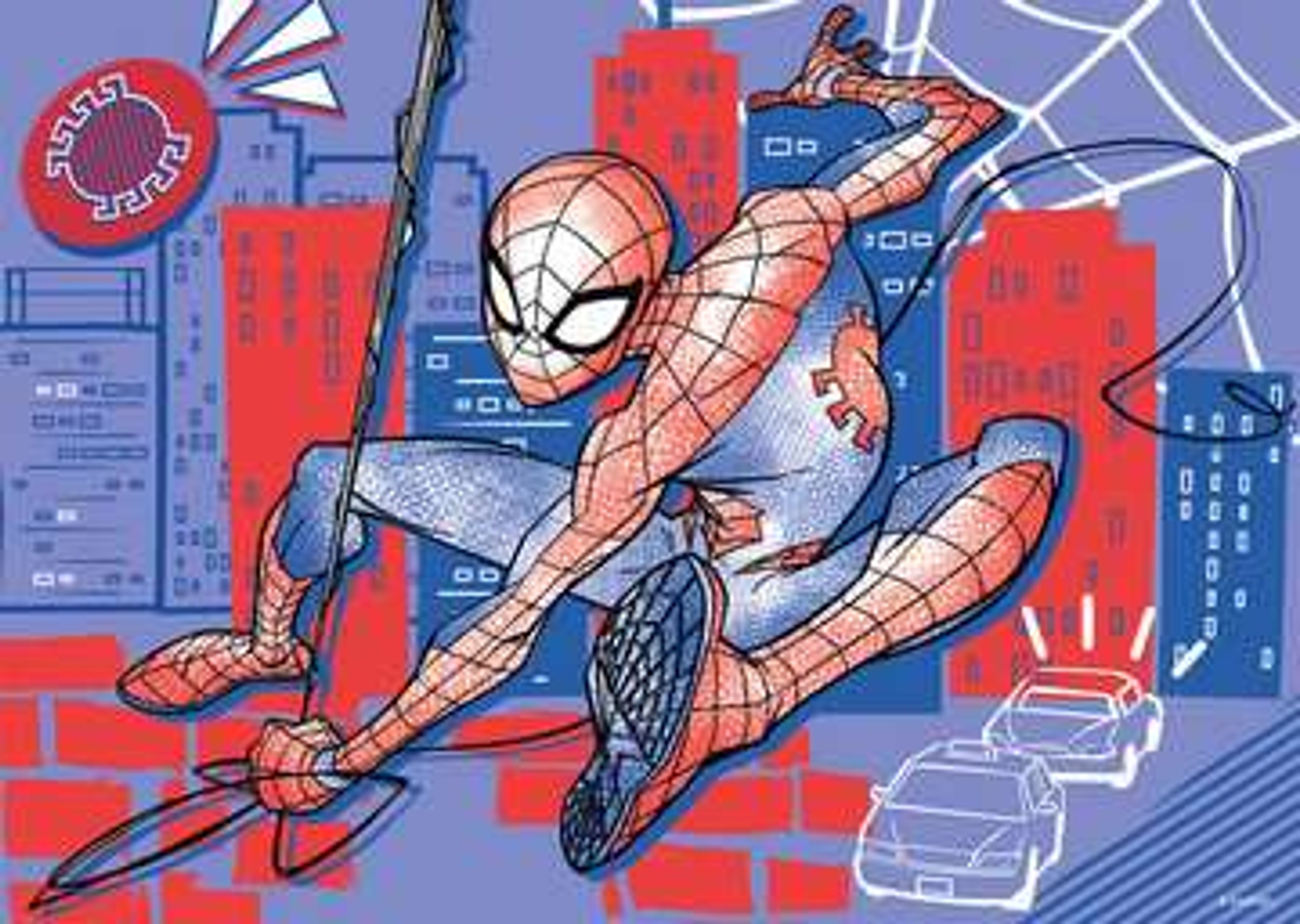 Spiderman in azione. Abito rosso e blu, che tiene una ragnatela, con edifici della città e auto sullo sfondo.