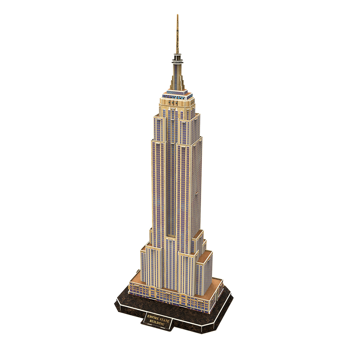 Model 3D Empire State Building. Stoi na podstawie z tabliczką znamionową.