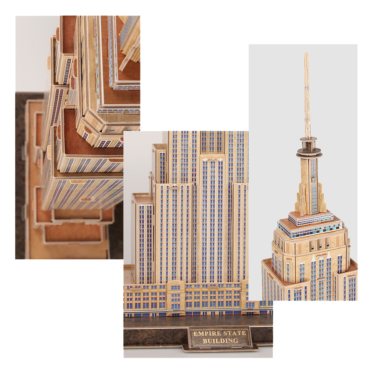 Wiele zdjęć modelu Empire State Building, pokazujących szczegóły i różne kąty.