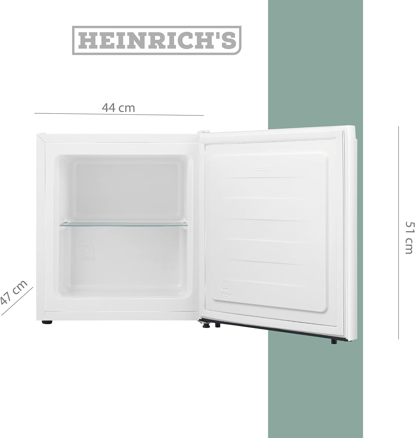 Ein weißer Kühlschrank mit offener Tür. Die Abmessungen 44x47x51 cm sind sichtbar.