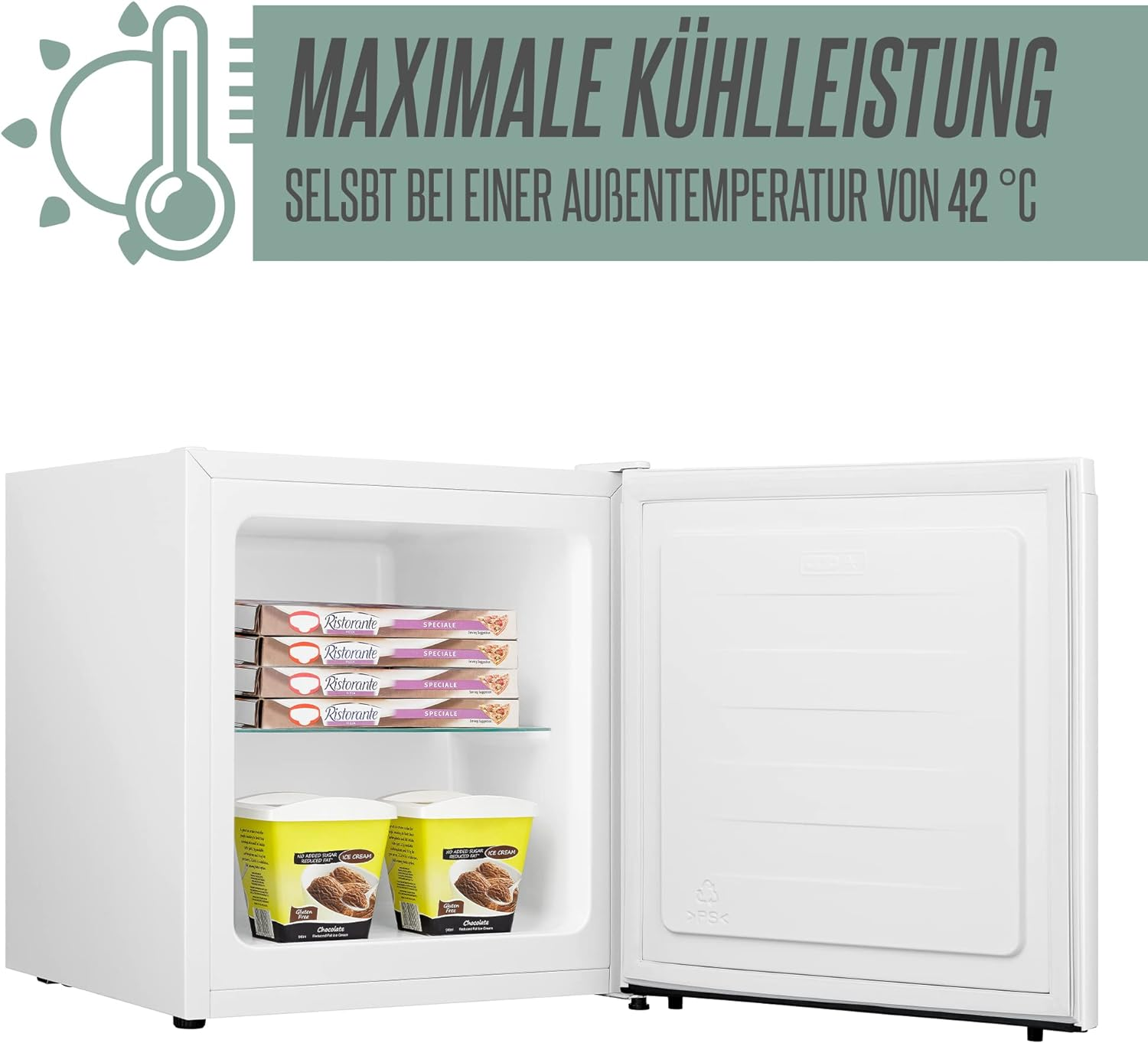 Ein weißer Kühlschrank mit offener Tür, der Lebensmittel im Inneren zeigt.