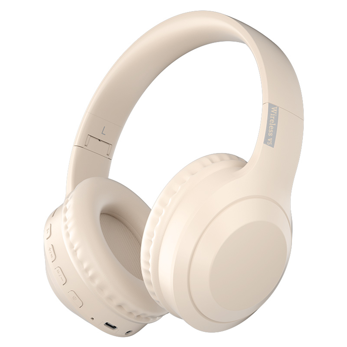 Beige kabellose Kopfhörer. Die Kopfhörer sind Over-Ear-Modell mit Knöpfen auf der linken Seite.