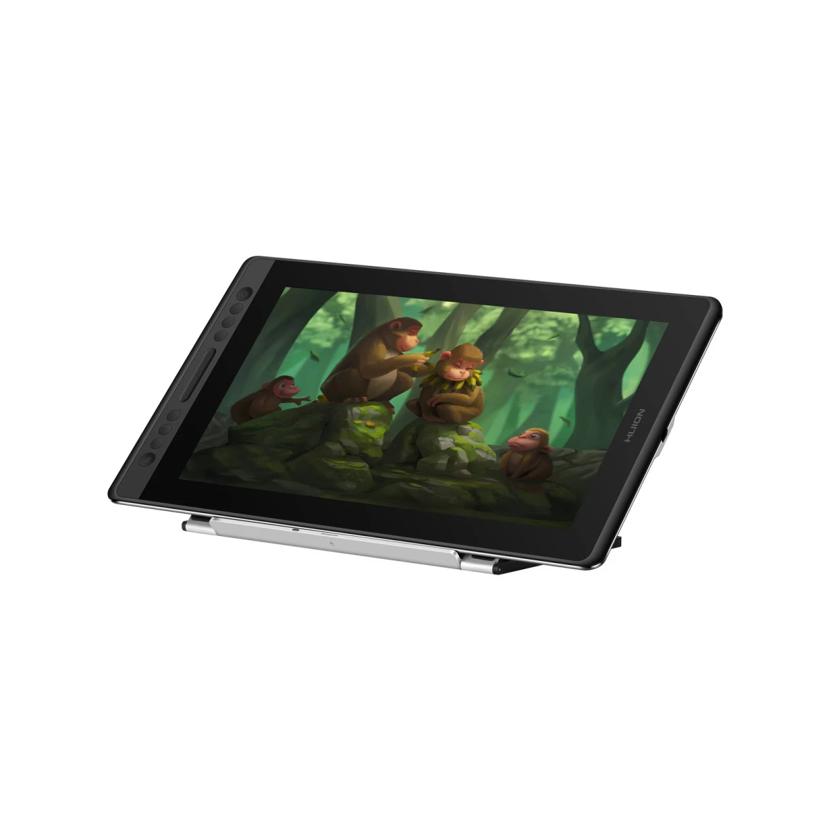 Czarny tablet z rysikiem. Małpy na ekranie w lesie. Srebrny stojak.