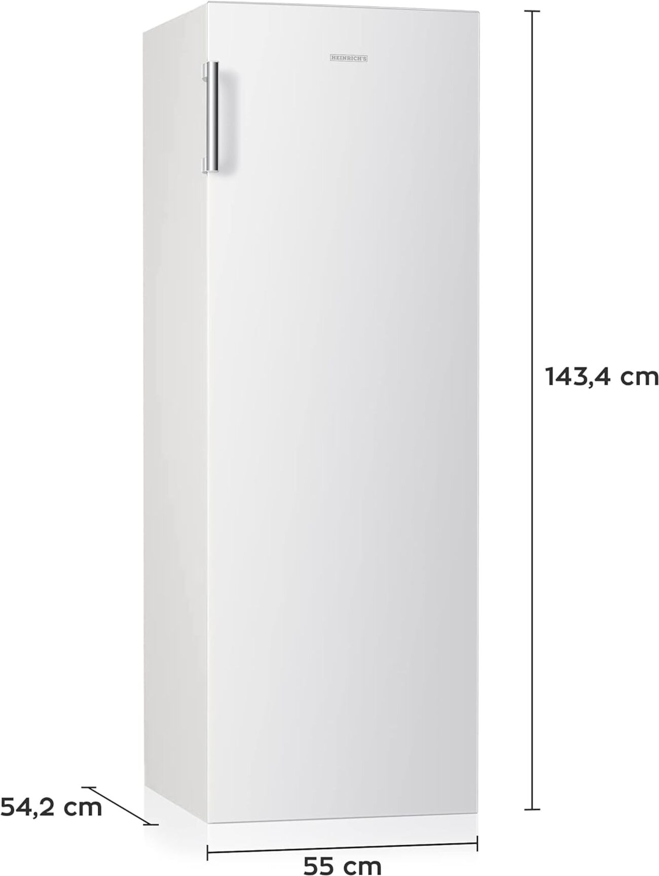 Weißer Kühlschrank mit Abmessungen an der Seite.