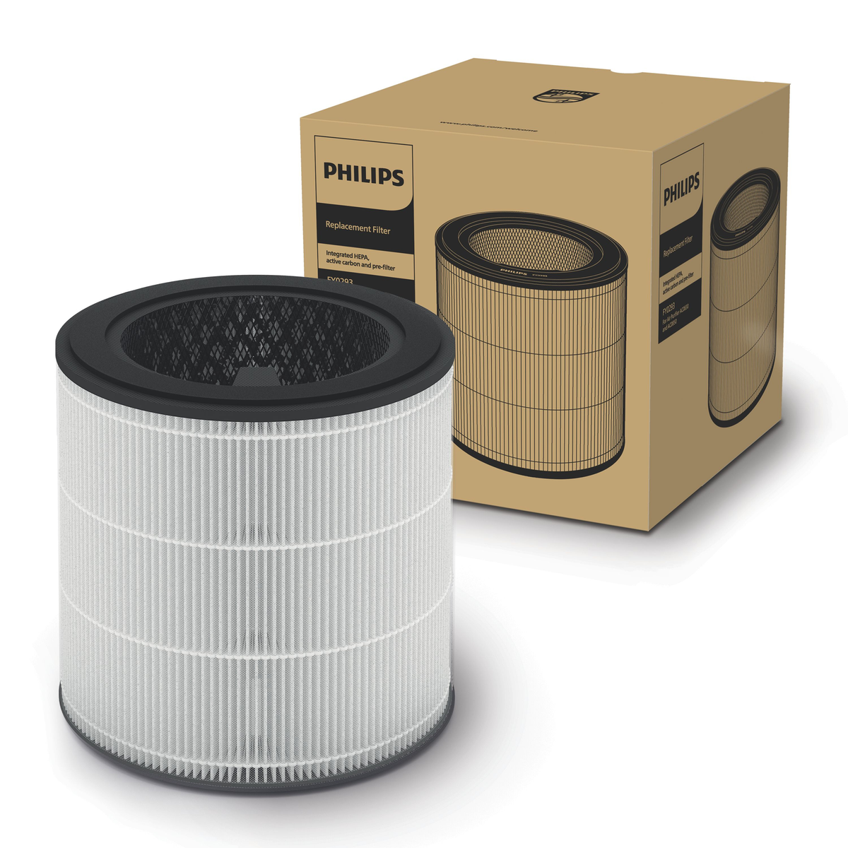 Un nuovo filtro di ricambio Philips in una scatola, di forma cilindrica, e una scatola più piccola accanto.