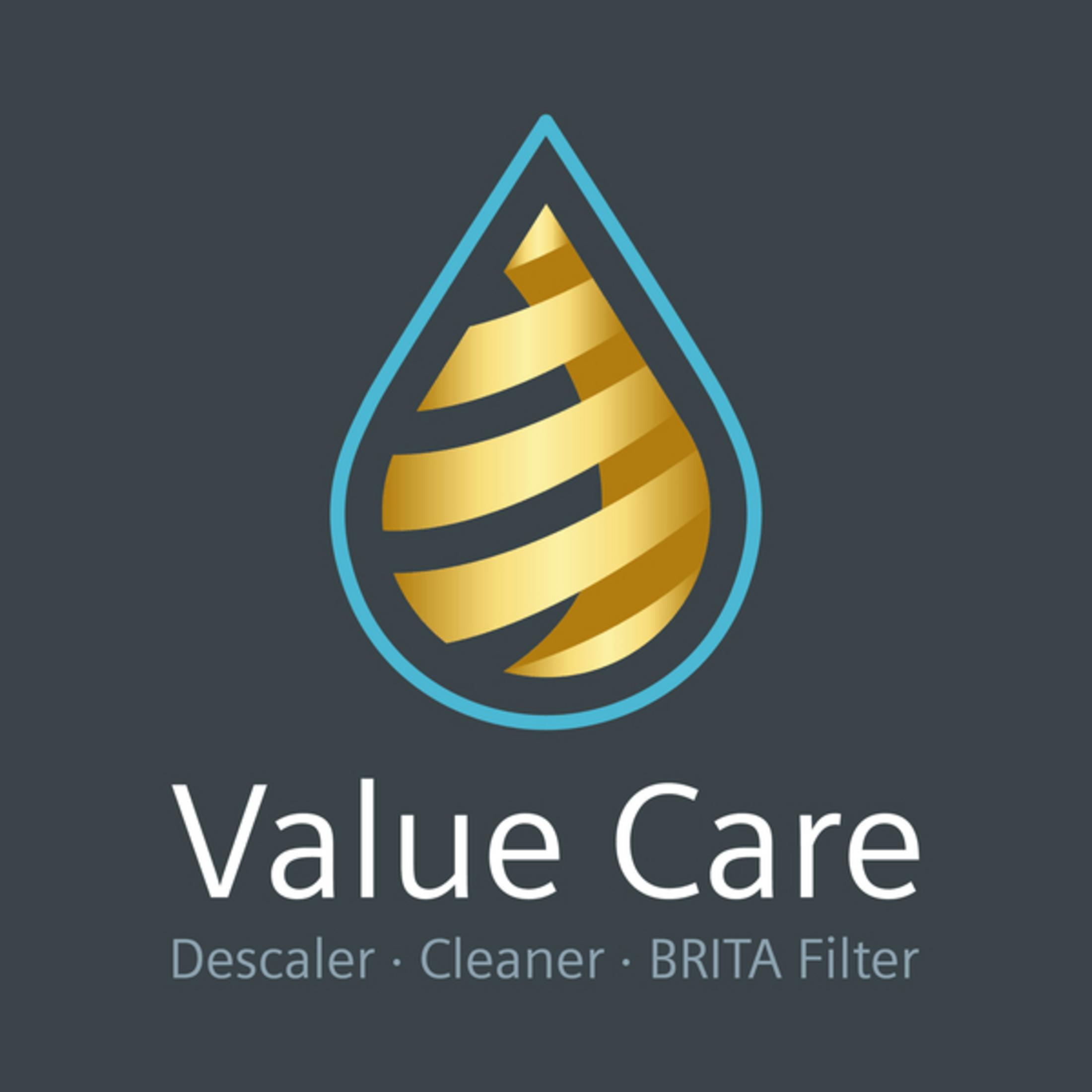 Ein Logo von Value Care, mit einem goldenen Wassertropfen in einem blauen Umriss auf grauem Hintergrund.