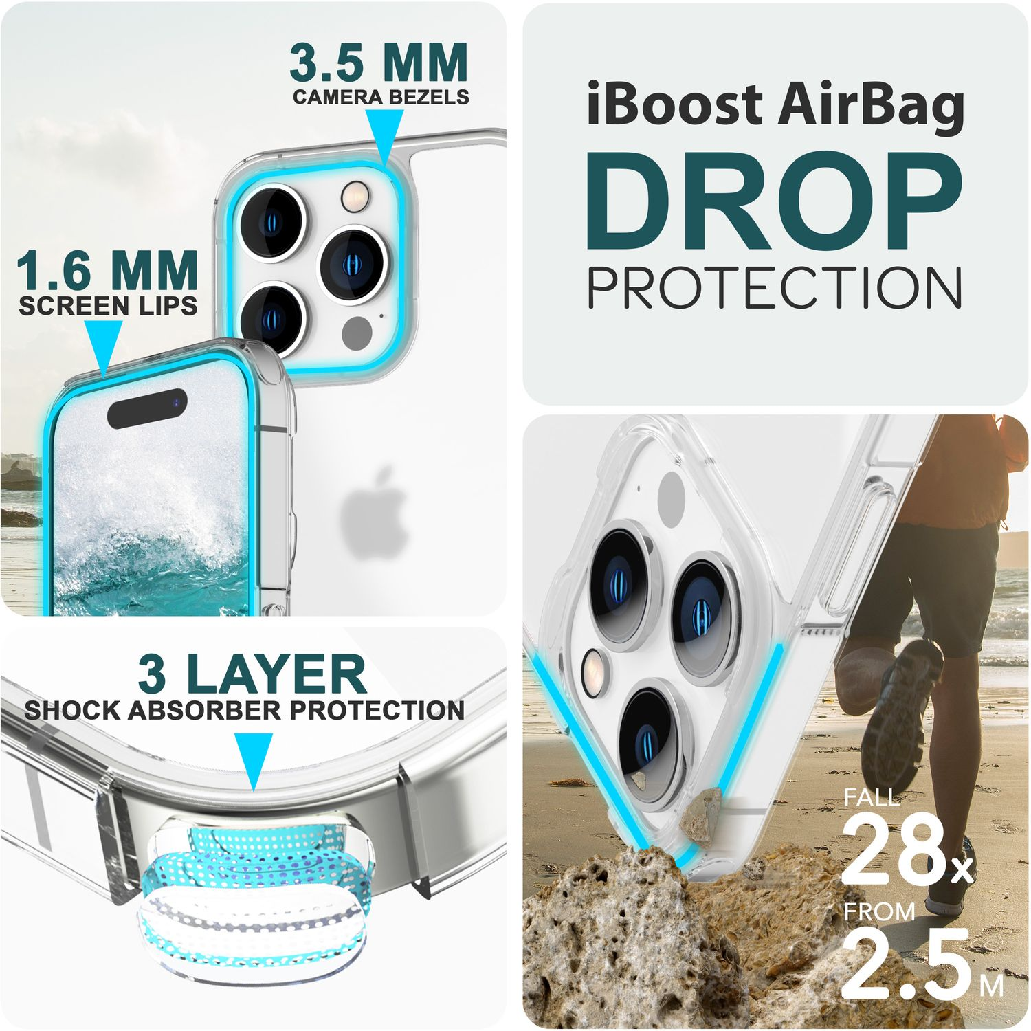 Une coque de téléphone transparente, montrant le téléphone et ses caractéristiques, protection contre les chutes.