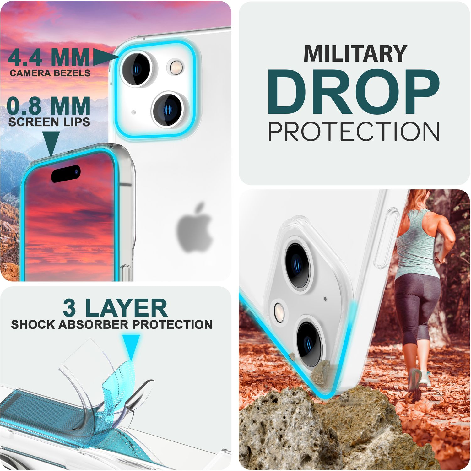 Image montrant un étui protégeant un téléphone. Comprend le texte : lunettes d'appareil photo de 4,4 mm, bords d'écran de 0,8 mm, protection à 3 couches.