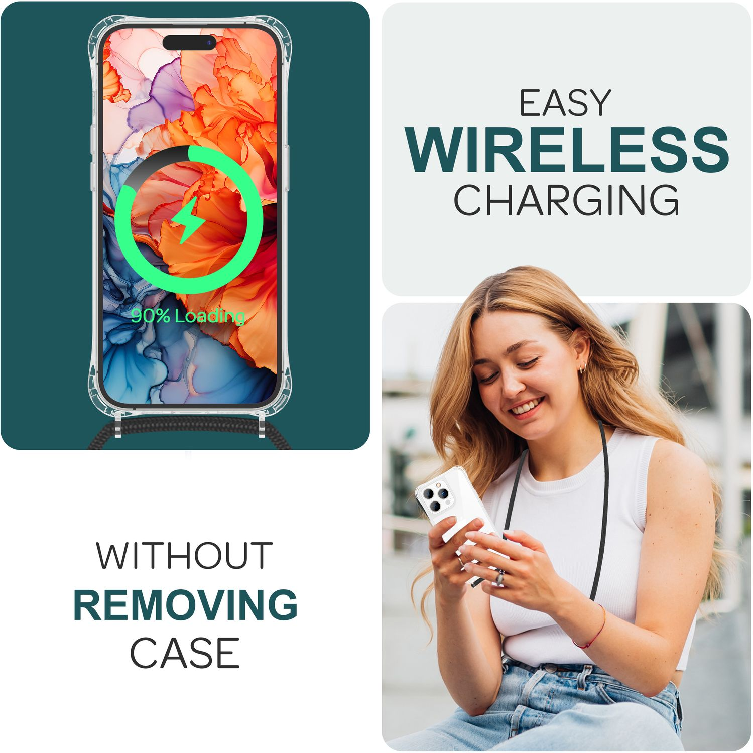 Una donna che tiene un telefono in una custodia che dimostra la ricarica wireless.
