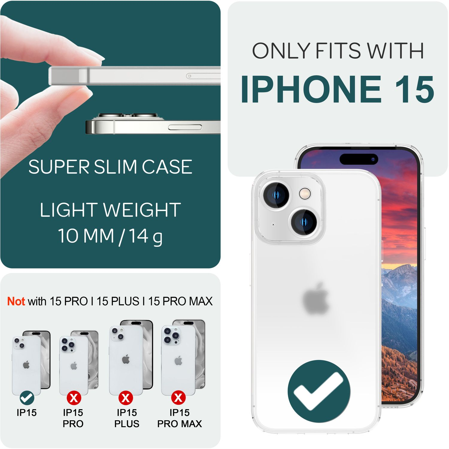 Emballage de produit avec coque et téléphone, montrant la compatibilité uniquement avec iPhone 15.