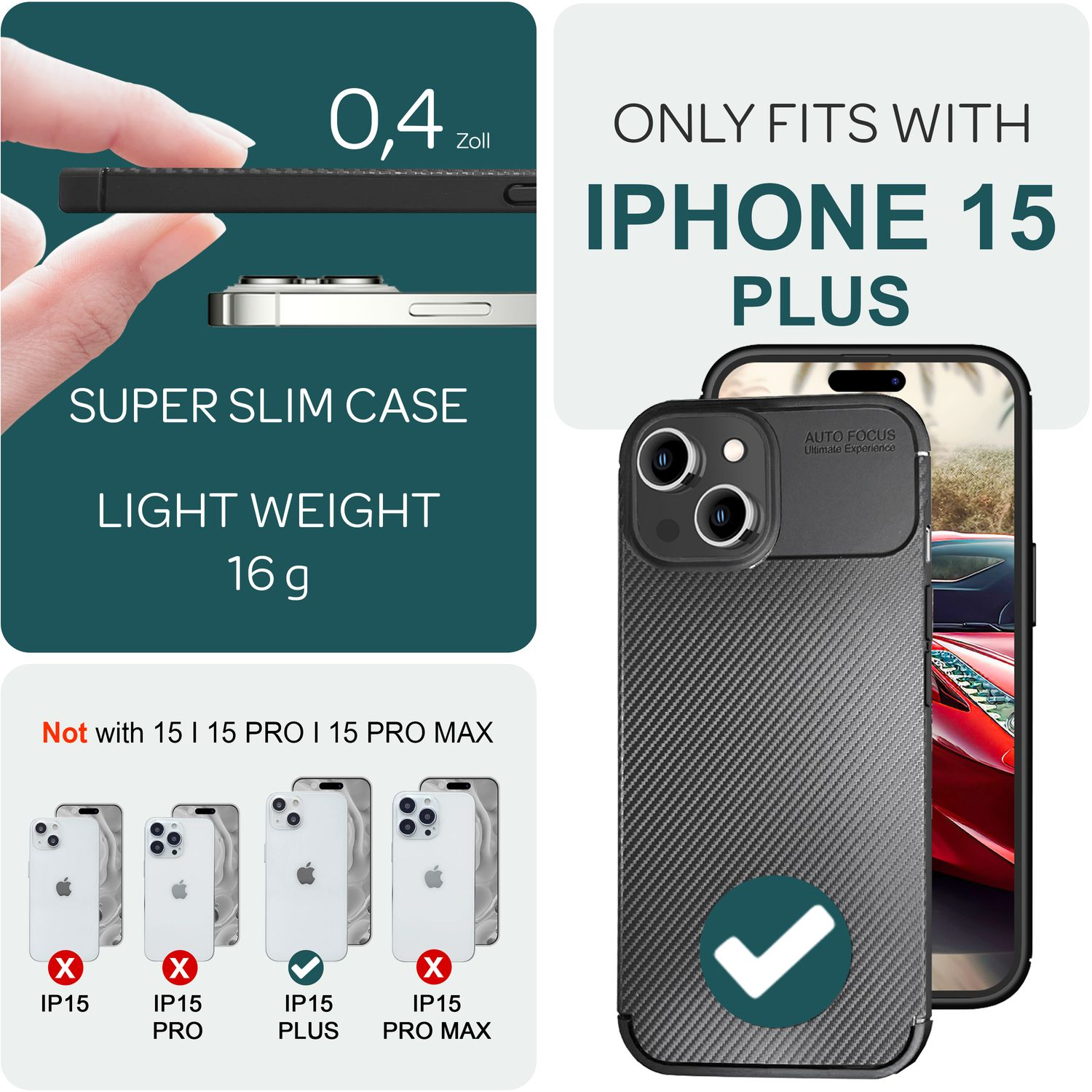 Schwarze iPhone 15 Plus Hülle. Hand hält Hülle. Text lautet 'Super Slim Case, Light Weight 16g' und 'Only fits with iPhone 15 Plus'.