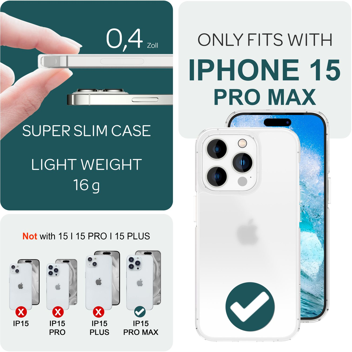 Coque transparente pour iPhone 15 Pro Max. Caractéristiques: super mince, légère et 0,4 Zoll.