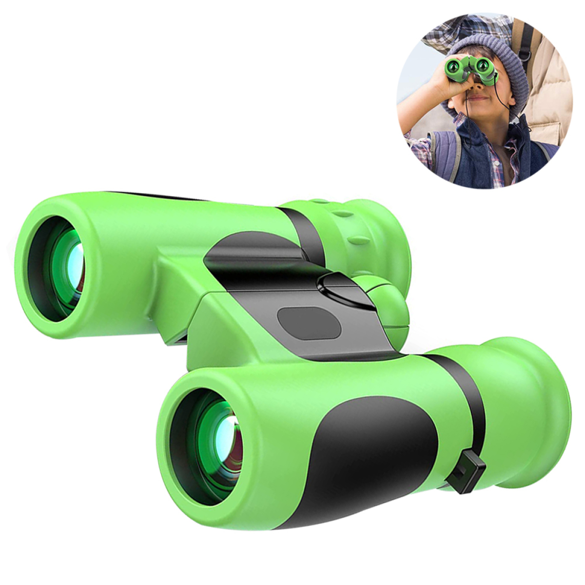 Grünes Fernglas und ein Kind, das im Inset ähnliche benutzt. Weißer Hintergrund.
