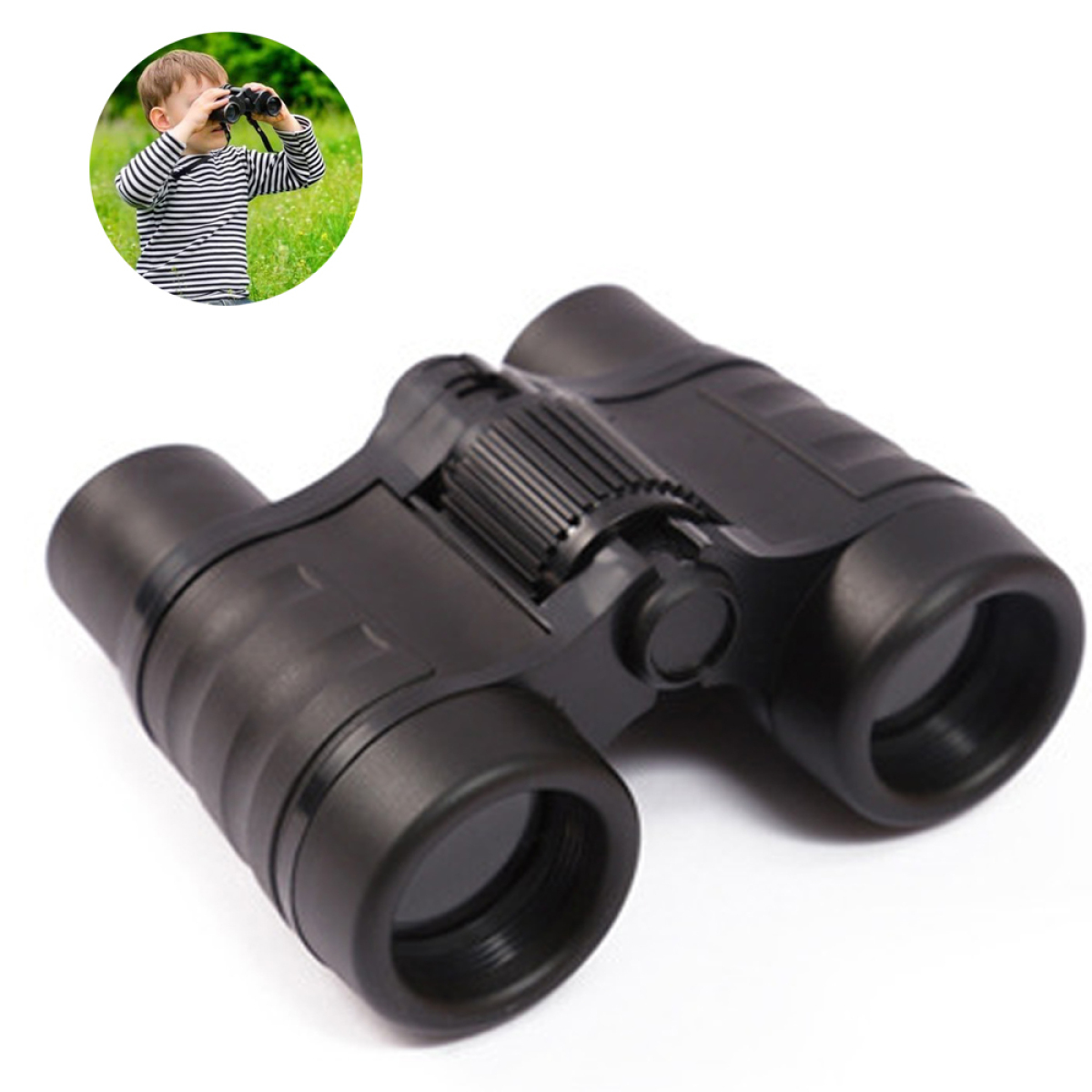 Schwarzes Fernglas mit einem Jungen, der es in einem grünen Feld benutzt, eingesetzt.