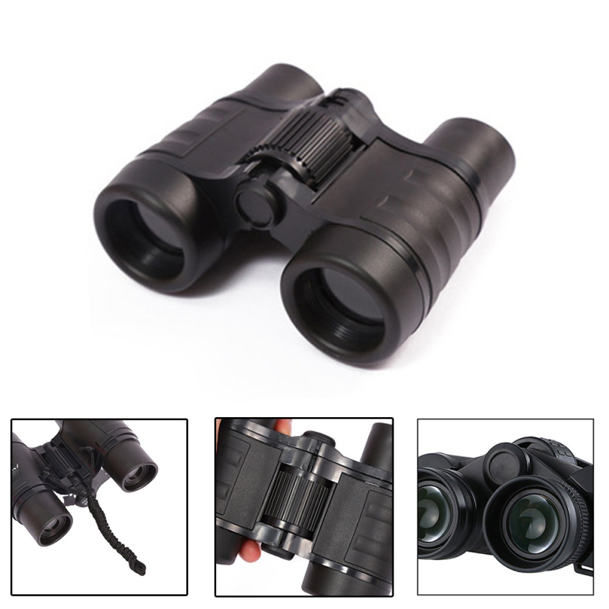 Schwarzes Fernglas mit mehreren Ansichten vor weißem Hintergrund.