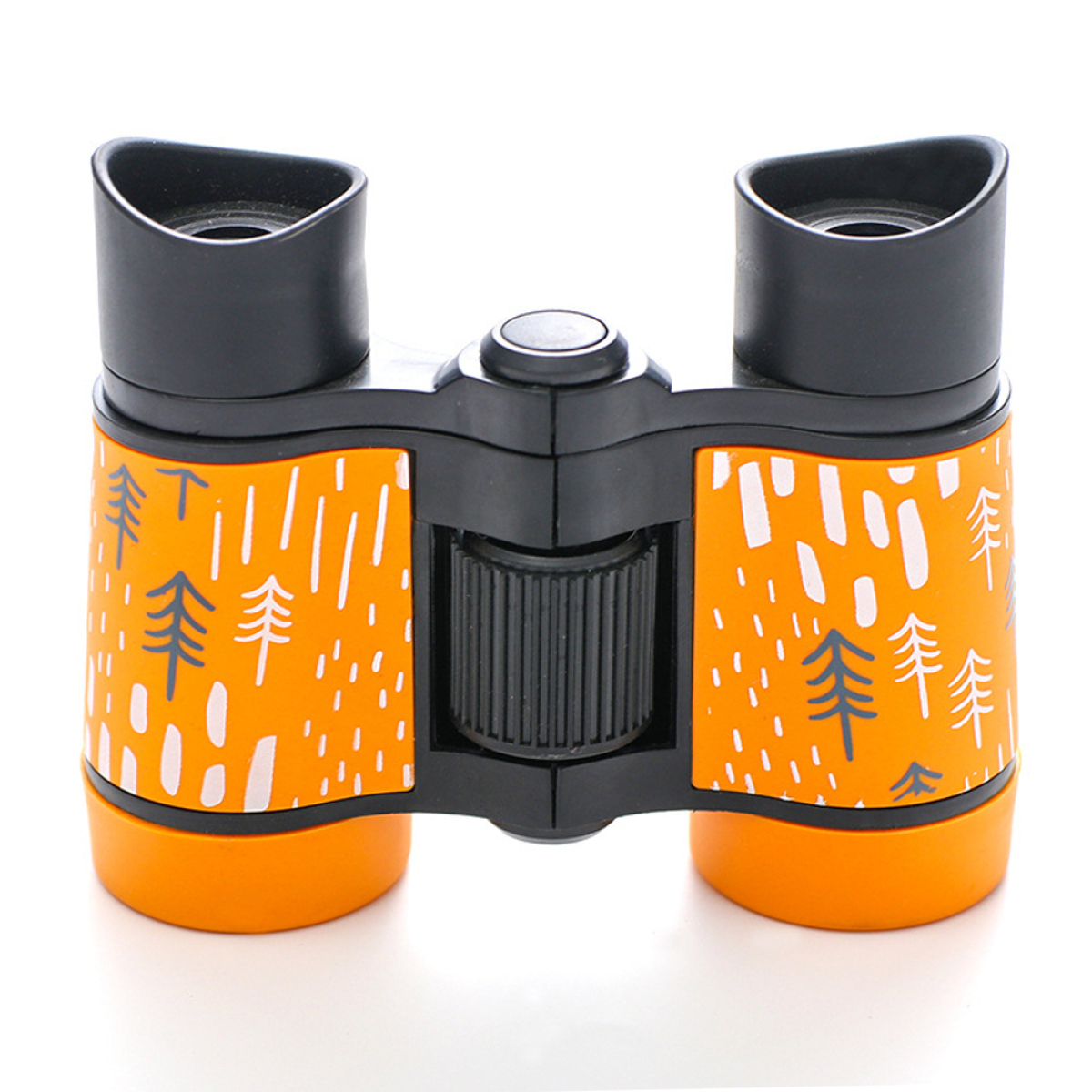 Orange und schwarzes Fernglas mit einem einzigartigen Muster. Weißer Hintergrund.