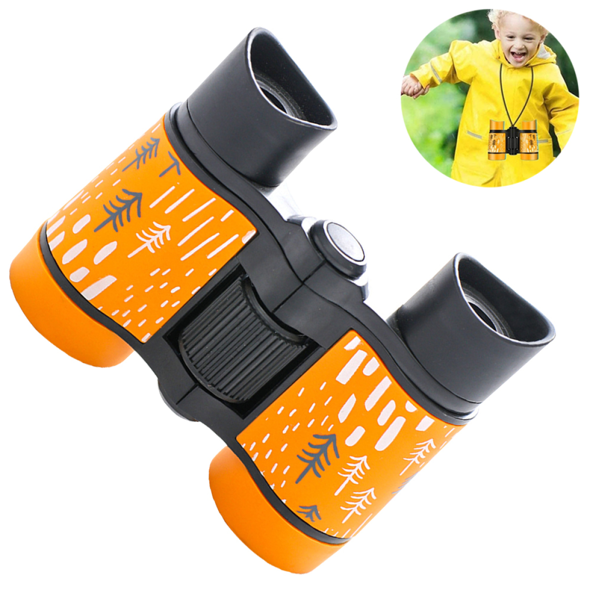 Orangene Ferngläser mit Baummuster, Kind benutzt sie. Schwarze Okulare.