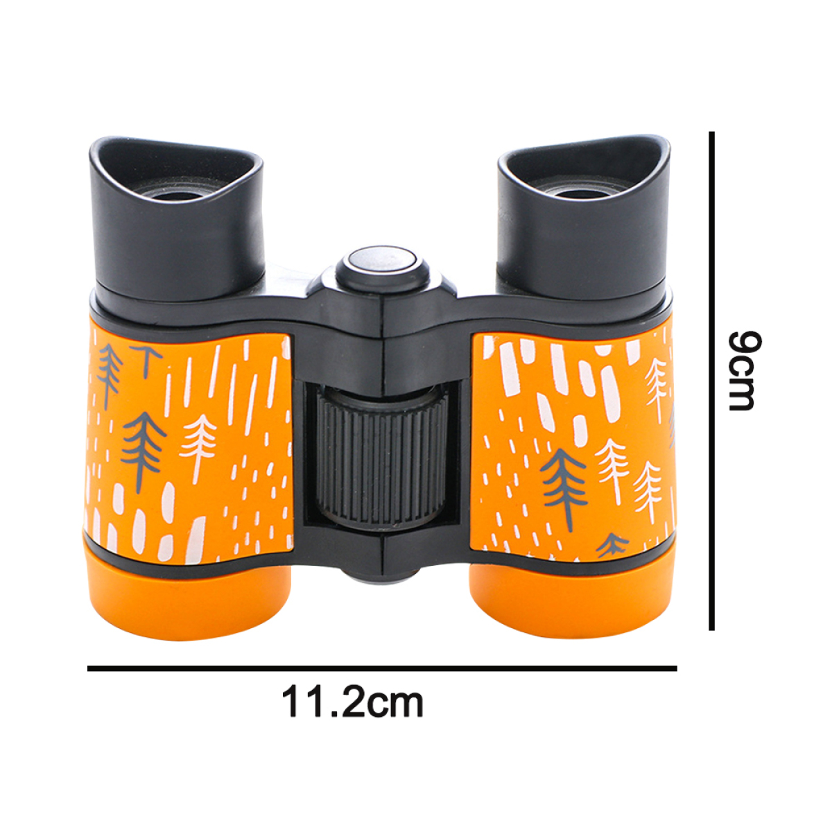Orange und schwarzes Fernglas mit Waldmuster und markierten Abmessungen.