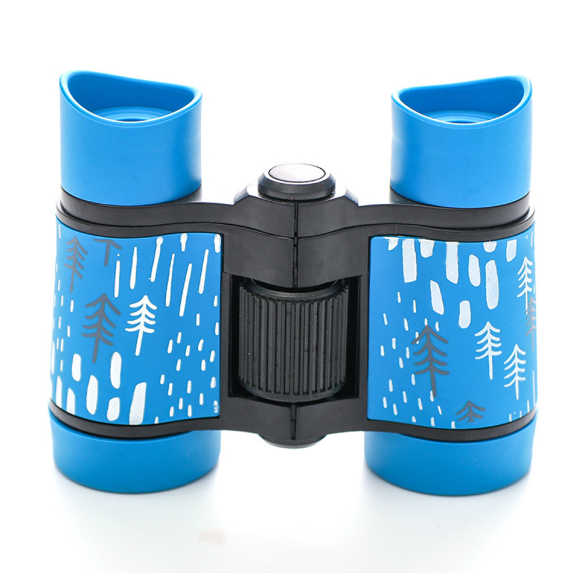 Blaue Ferngläser mit weißen Bäumen und schwarzem Design. Das Fernglas hat ein blau-weißes Design.