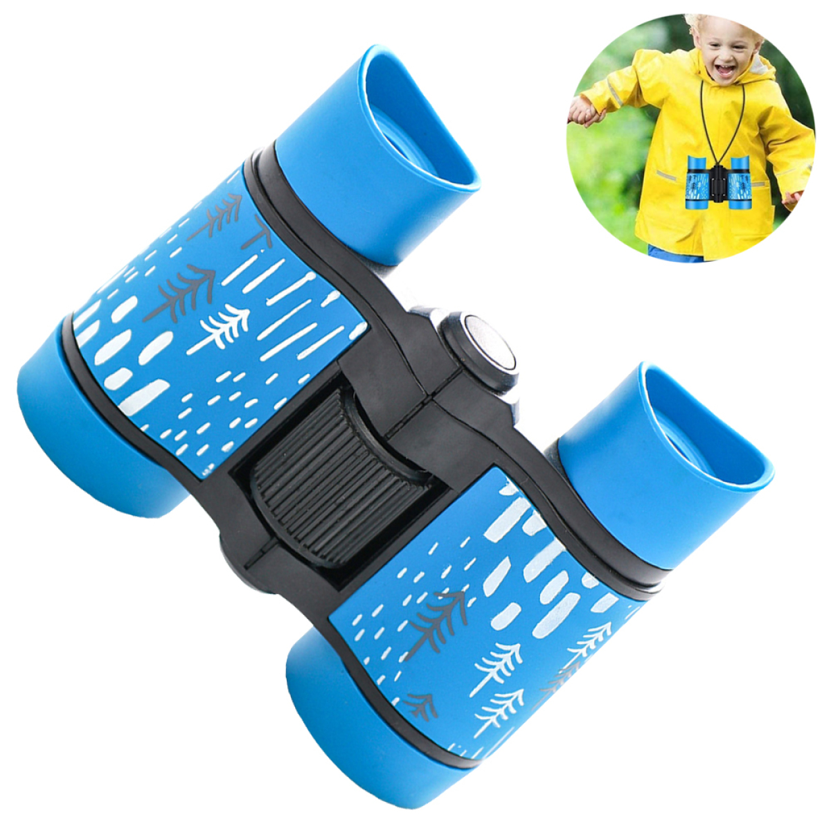 Blaue Spielzeugferngläser. Ein Kind in gelber Regenkleidung trägt ein ähnliches Fernglas.