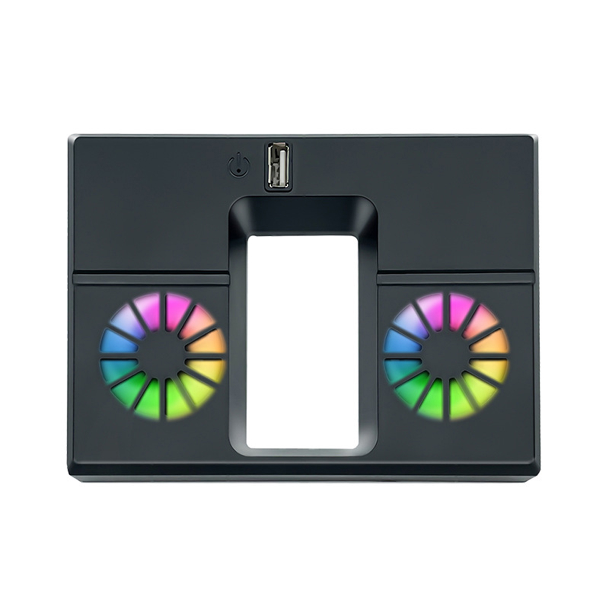 Schwarzes Kühlventilatorgerät mit Regenbogenfarben und USB-Anschluss.