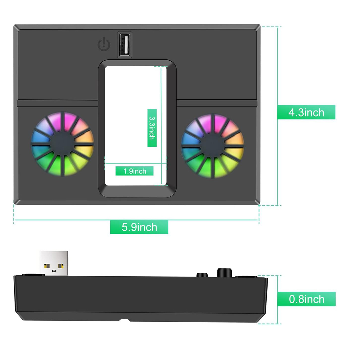 Schwarze Konsole mit zwei Lüftern. USB-Anschluss und LED-Leuchten. Abmessungen angegeben.