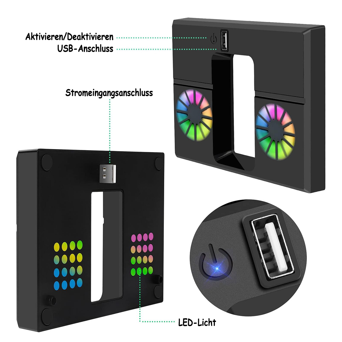 Schwarze Konsole mit USB-, Strom- und LED-Leuchten. Enthält beschrifteten USB-Anschluss und Lüfterdetails.