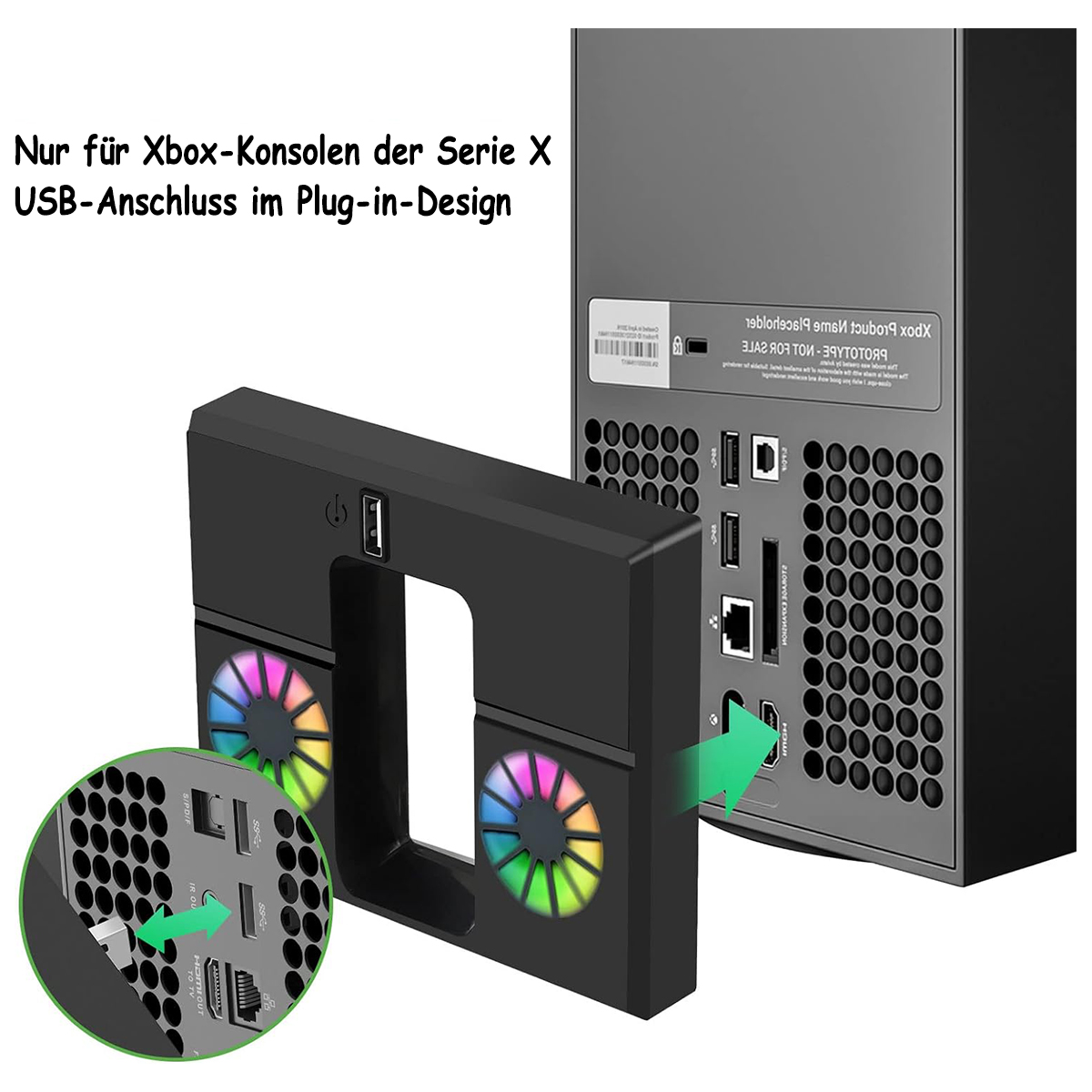 Schwarze Xbox Series X mit schwarzem USB-Plug-in-Lüfter. Der Lüfter hat bunte LED-Leuchten.