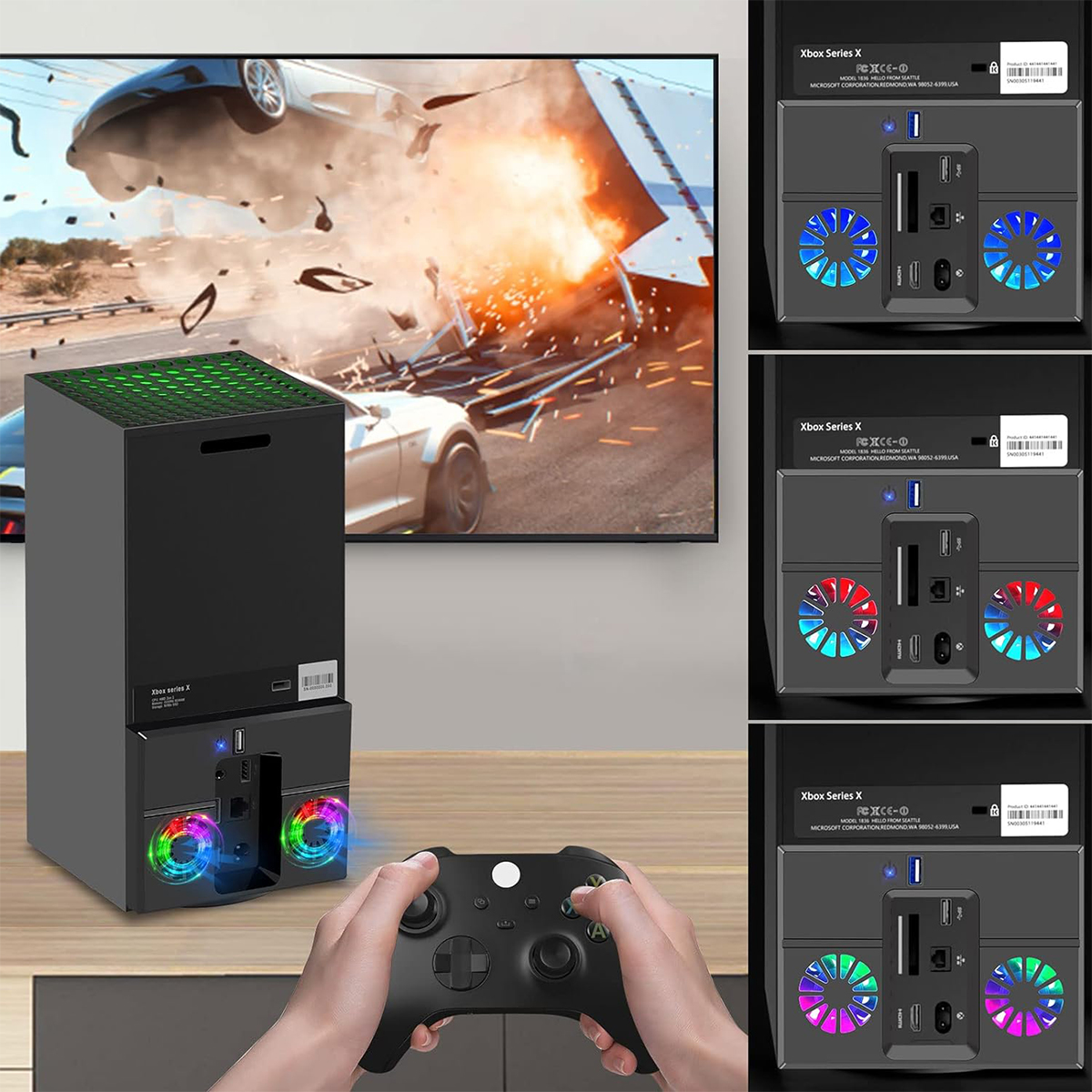 Eine Xbox Series X mit Controller und drei Konsolen mit unterschiedlichen Lüfterlichtern.