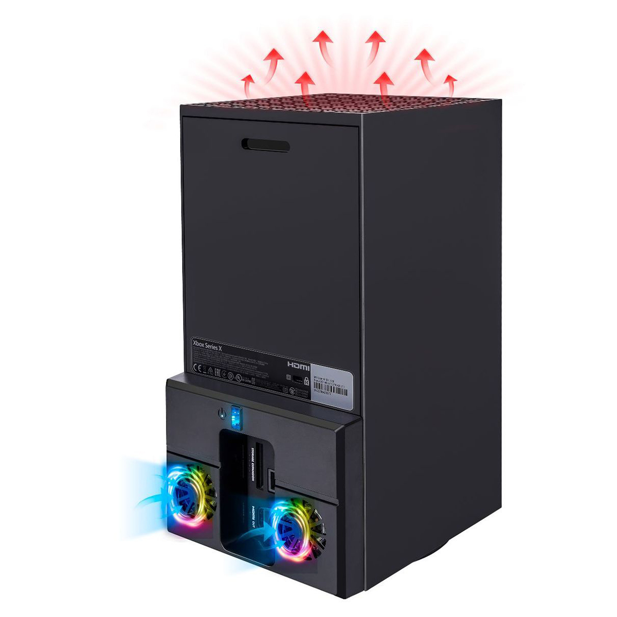 Eine schwarze Xbox Series X-Konsole mit einem zusätzlichen Lüftersystem. Rote Pfeile zeigen die Wärmeableitung.