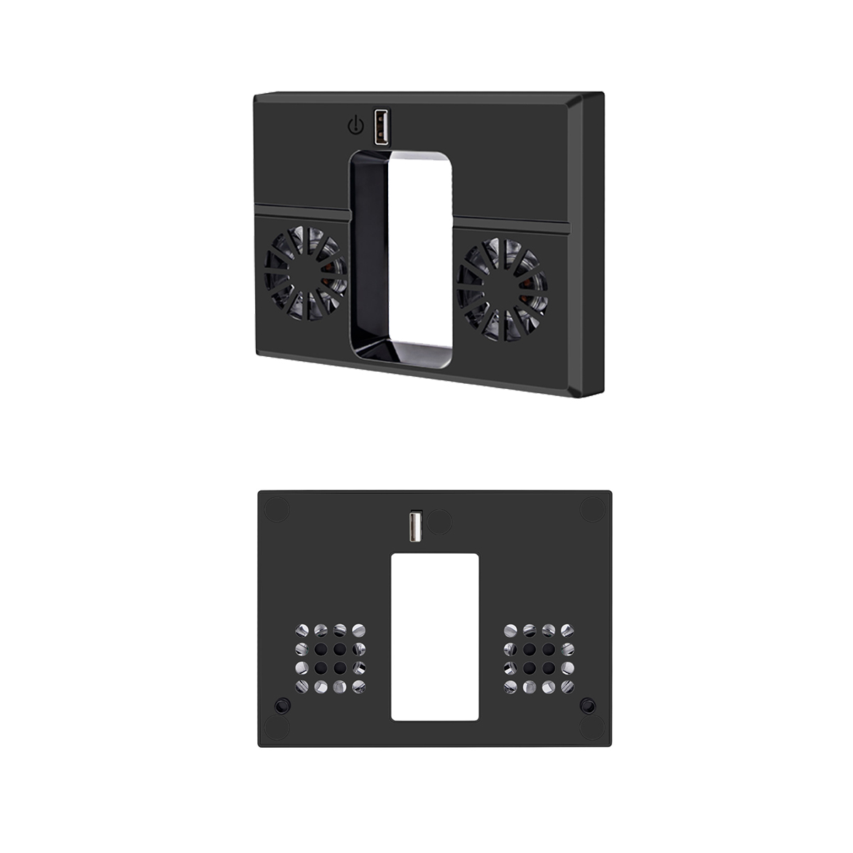 Schwarzer Lüfterkühler für ein Gerät, mit zwei sichtbaren Lüftern und einem USB-Anschluss.