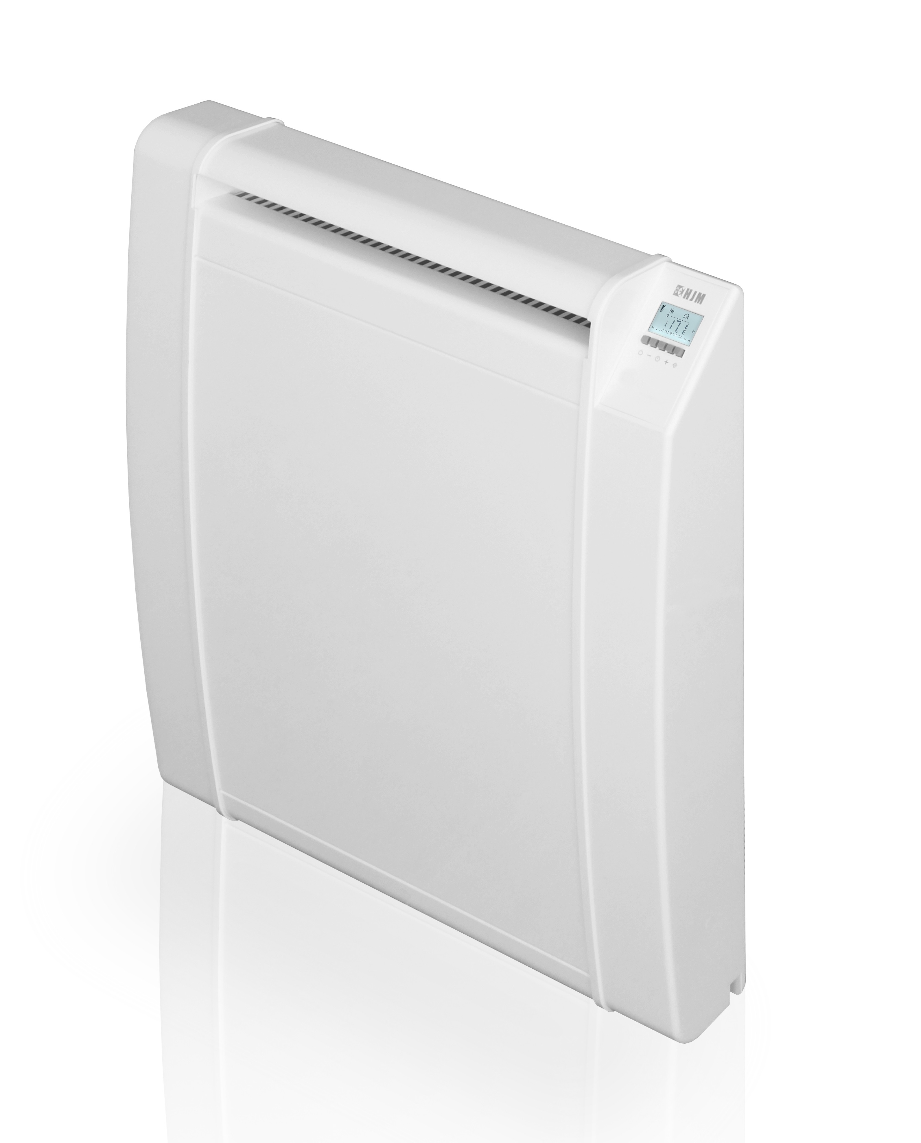 Calentador eléctrico blanco en posición vertical. Tiene una pantalla digital. El fondo es blanco.