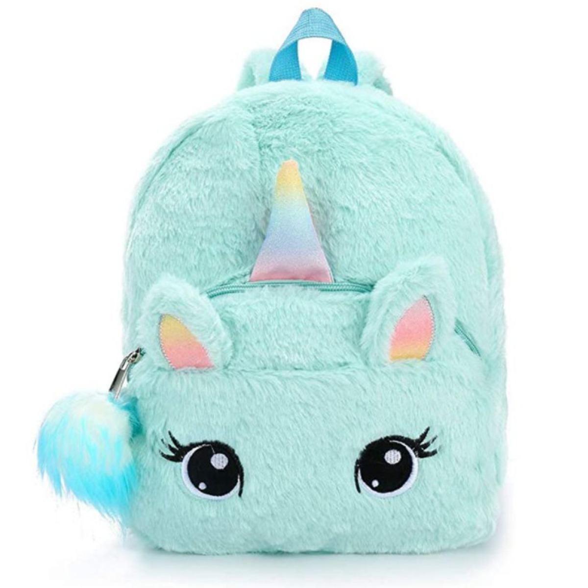 Ein hellblauer Einhorn-Rucksack mit Regenbogenhorn und flauschigem Schwanz.