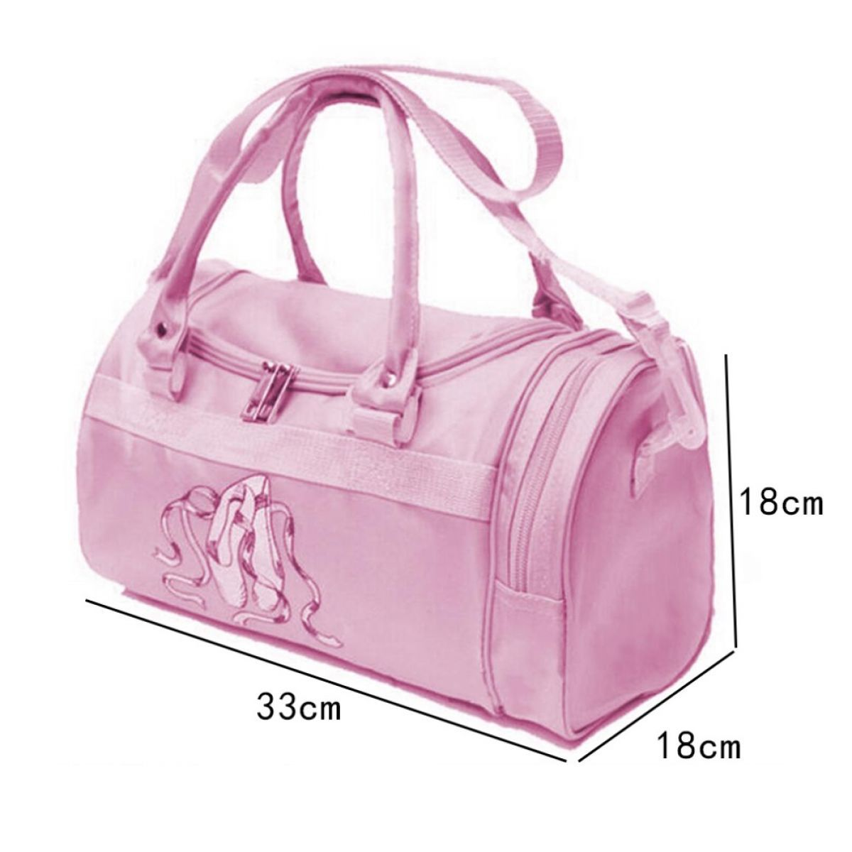 Rosa Reisetasche mit Ballettschuhen, Maße sind sichtbar.