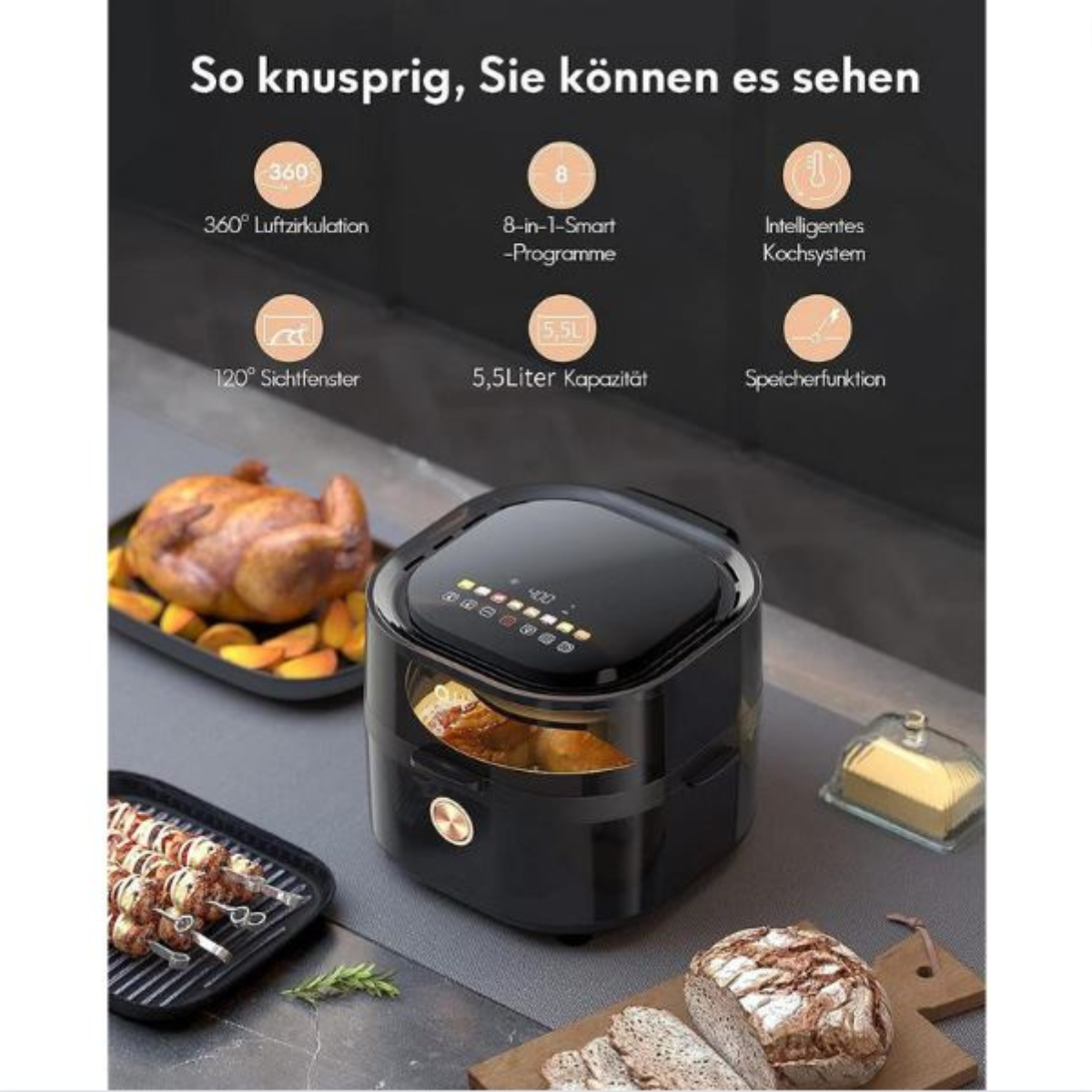 Schwarze Heißluftfritteuse mit gegarten Speisen innen und auf einem Tablett, mit Text.