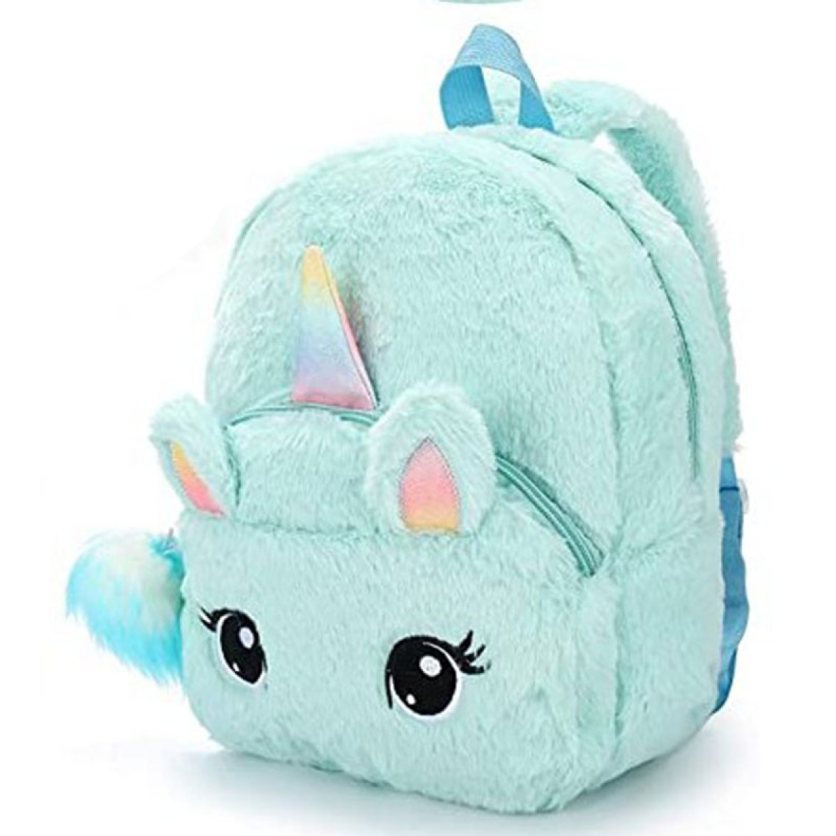 Minzgrüner Einhorn-Rucksack mit blauem Pompon. Weißer Hintergrund.