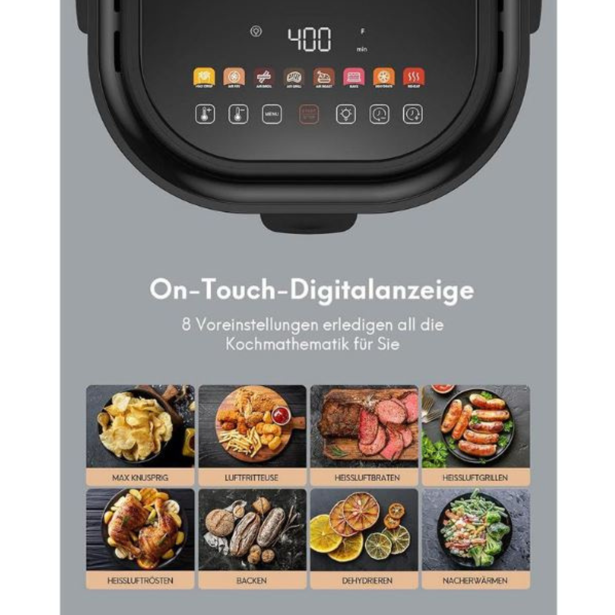 Eine Heißluftfritteuse mit Digitalanzeige. Die Anzeige zeigt Einstellungen für verschiedene Speisen und Kochmodi.