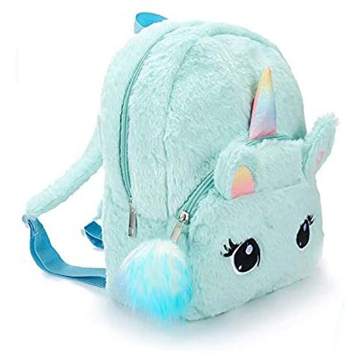 Ein tealfarbener Einhorn-Rucksack mit Horn, Ohren und einem flauschigen Bommel.