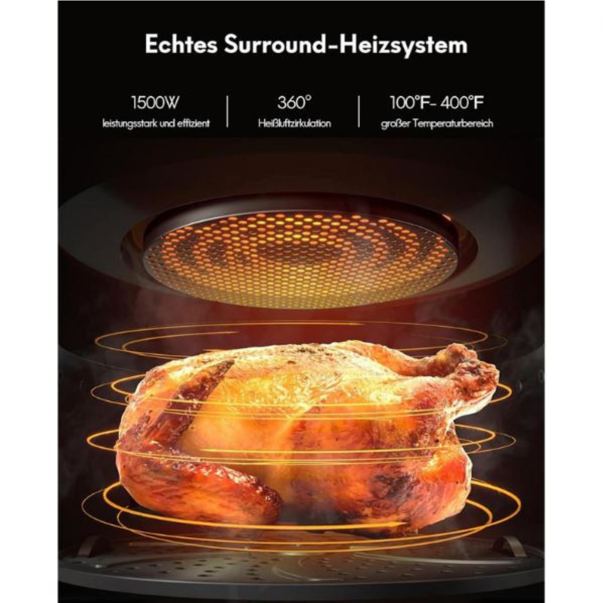 Ein gebratenes Hähnchen in einem Kochgerät, mit Text über Heizfunktionen.