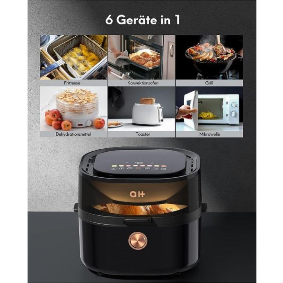 Schwarze Heißluftfritteuse. 6 in 1: Braten, Backen, Grillen, Trocknen, Toasten, Mikrowelle.