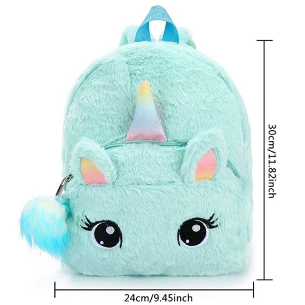 Ein türkisfarbener Einhorn-Rucksack mit Bommel, Ohren, Horn und Augen. Abmessungen: 24 cm x 30 cm.