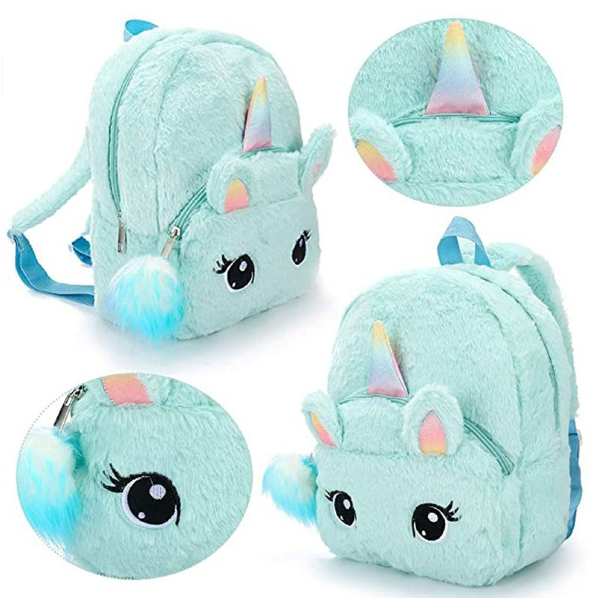 Ein tealfarbener Einhorn-Rucksack mit flauschiger Textur. Details sind Horn, Ohren, Augen und ein Bommel-Reißverschluss.