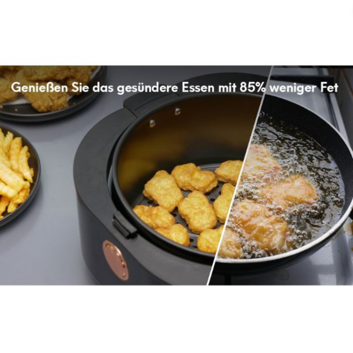 Eine Heißluftfritteuse mit gebratenem Essen, mit Text auf Deutsch über gesündere Ernährung.