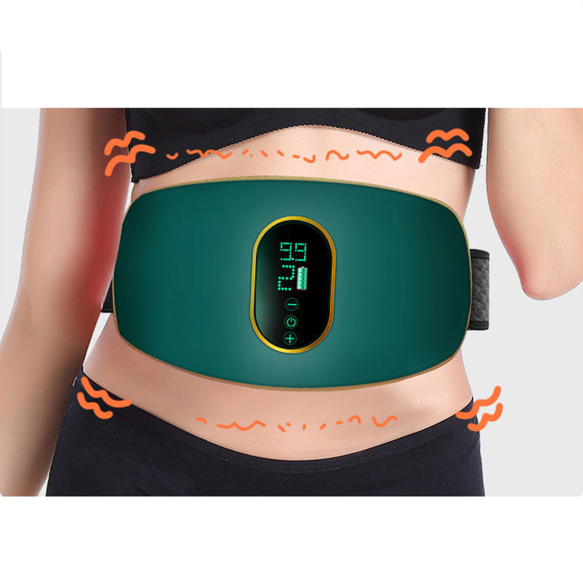 Frau, die ein grünes Gerät auf ihrem Bauch trägt. Orangefarbene Wellenlinien darum.
