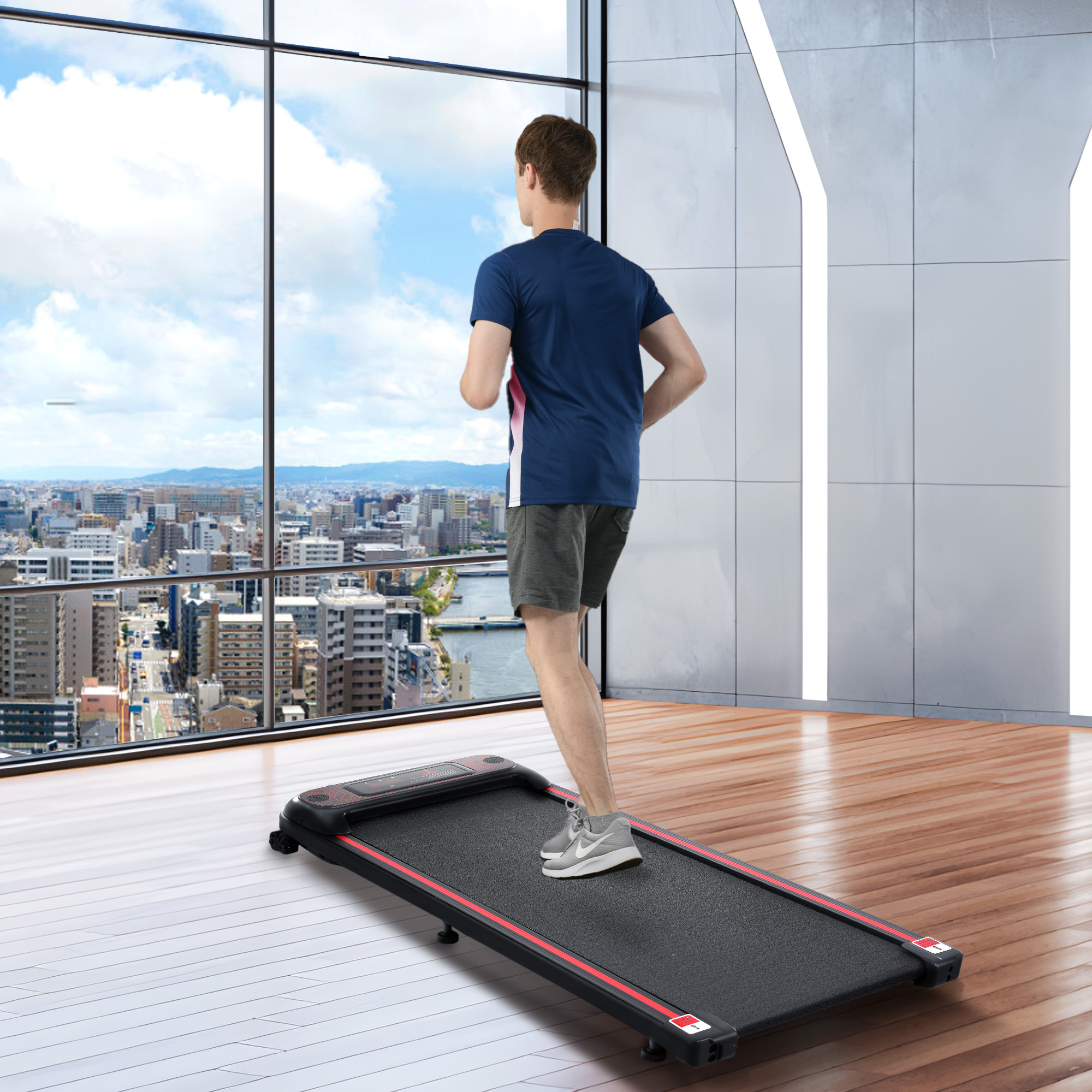 Ein Mann, der auf einem Laufband läuft, mit Stadtblick im Hintergrund.