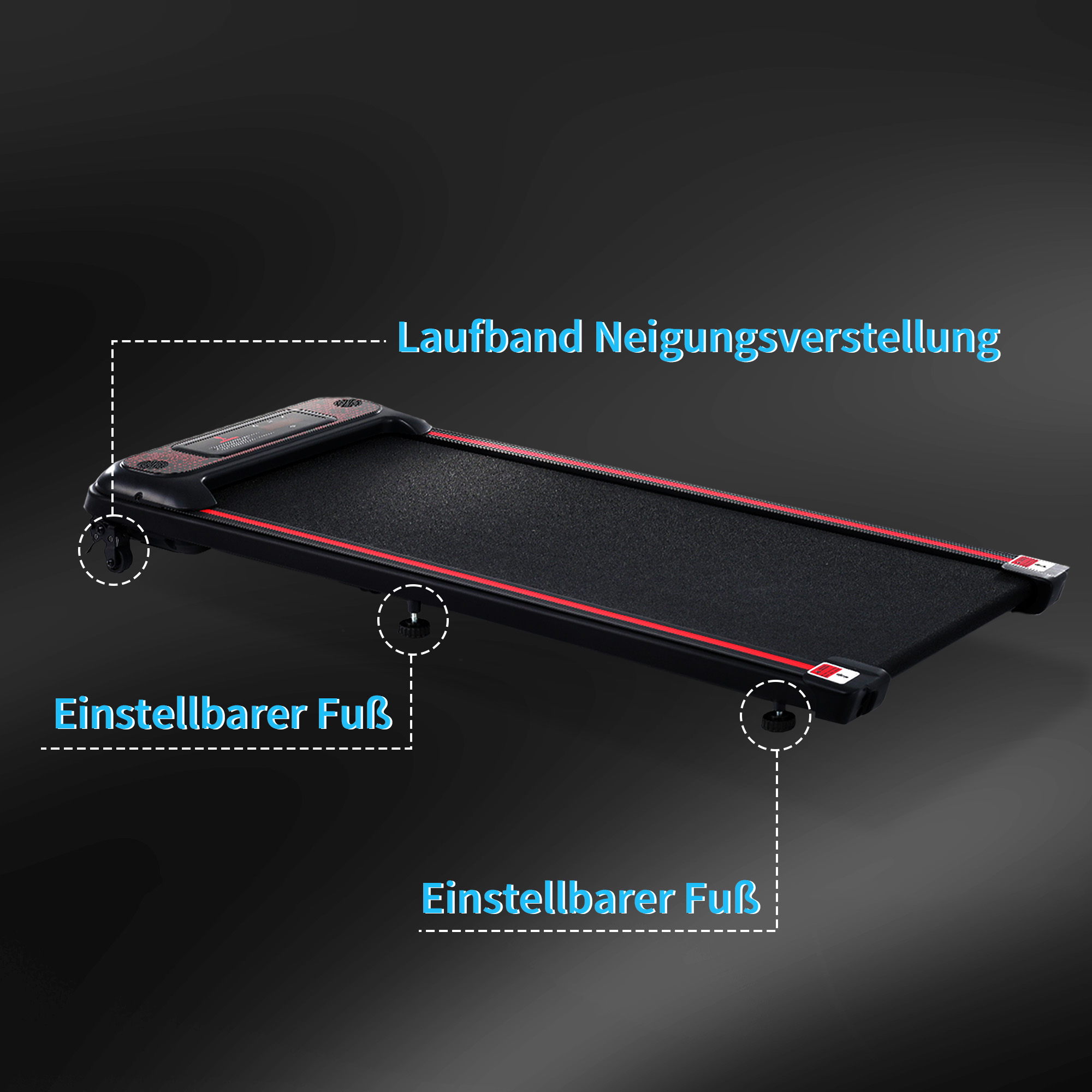Laufband mit Beschriftungen, die auf Funktionen zeigen. Schwarzer Hintergrund.
