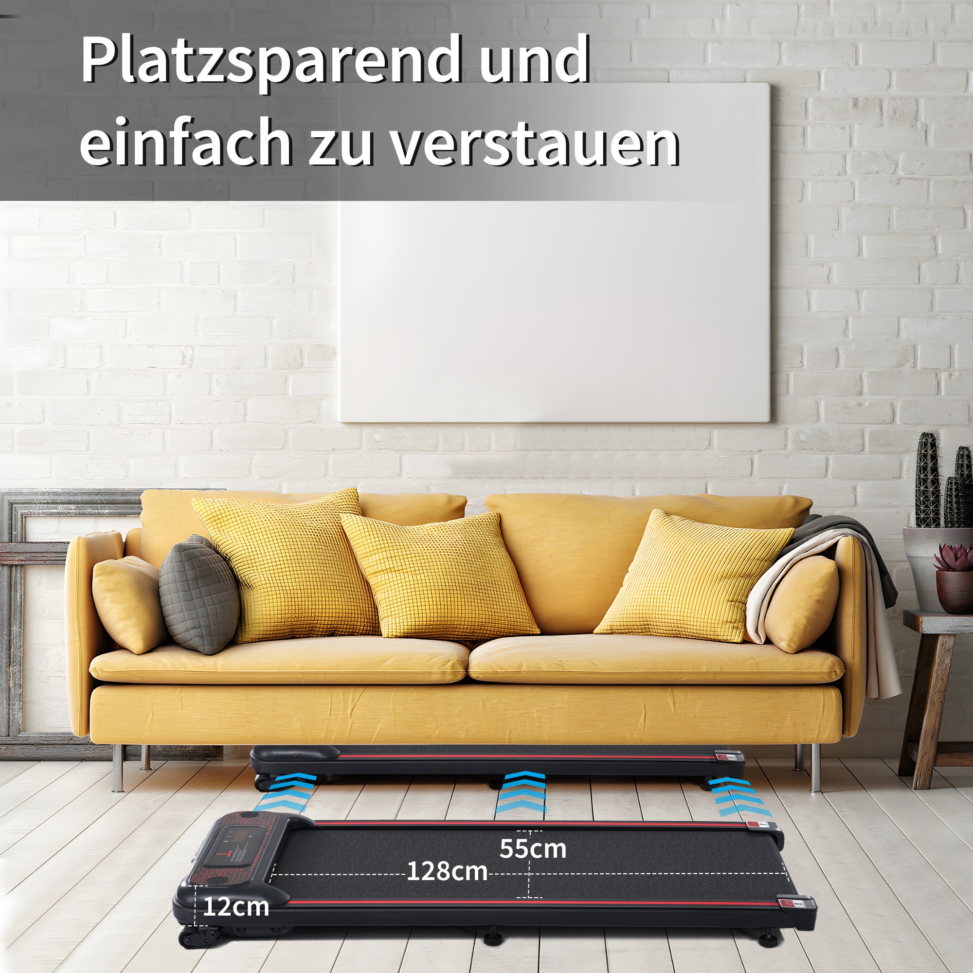 Zusammenklappbares Laufband neben einem gelben Sofa. Abmessungen sind angegeben.