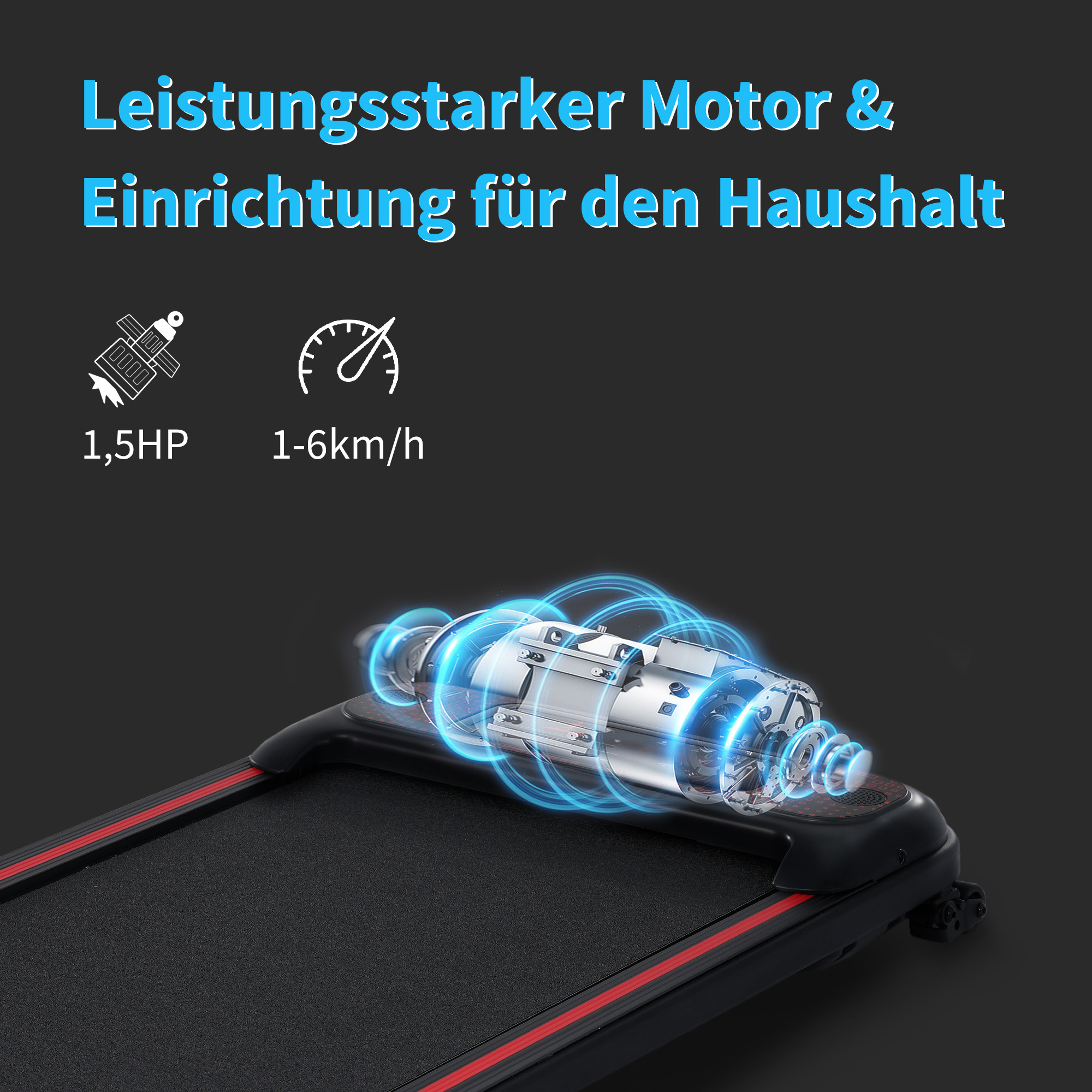 Laufband mit Motor und Bedienfeld. Schwarzes und rotes Design auf schwarzem Hintergrund.