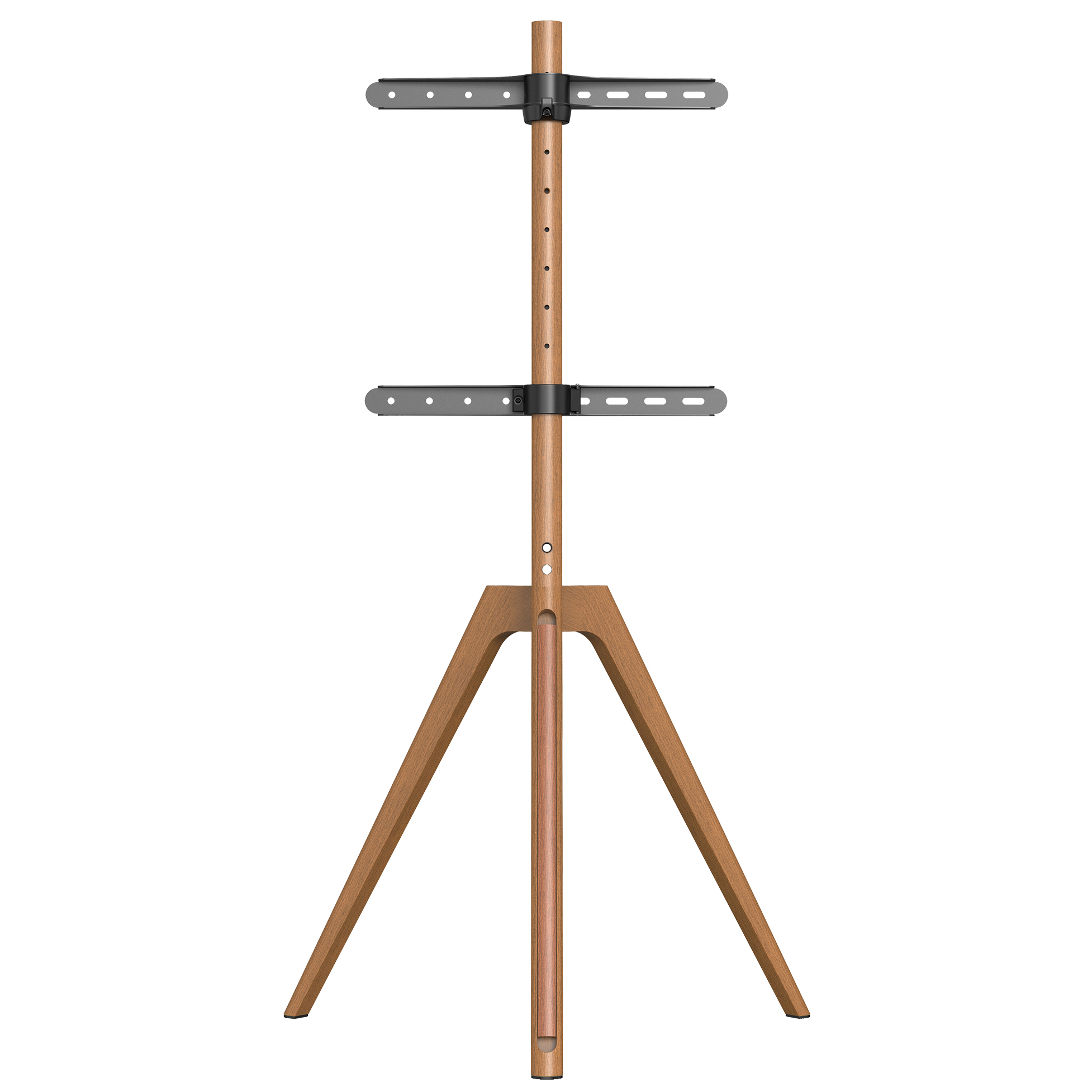 Ein TV-Ständer aus Holz mit einem Stativfuß und Montagehalterungen.